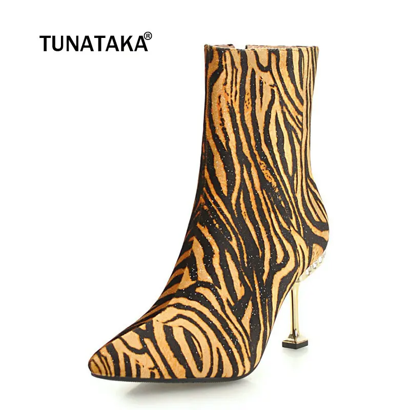 

Women Suede Sexy Leopard Thin High Heel Ankle Boots Fashion Zipper Boots Female Crystal Pointed Toe Warm Winter Shoes Black Red