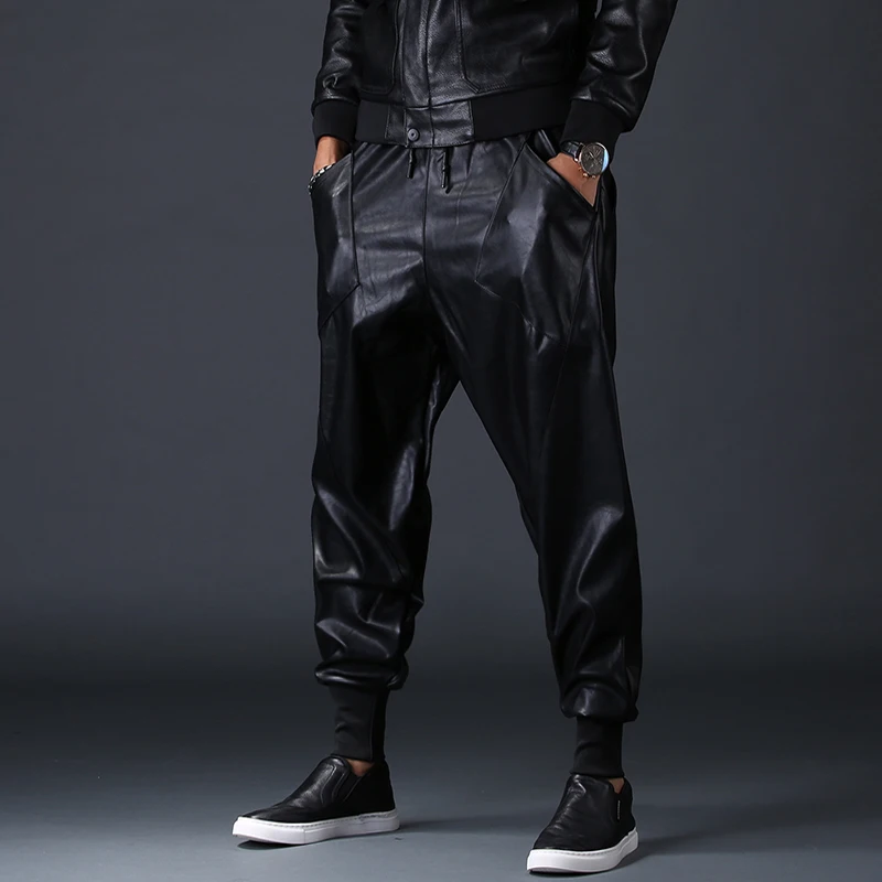 joggers sweatpants New Fashion Men Punk Moto PU Faux Leather Joggers Casual Harem Pants Drop Crotch Street Dance DJ Rock Night Club Trouser M-2XL genie pants