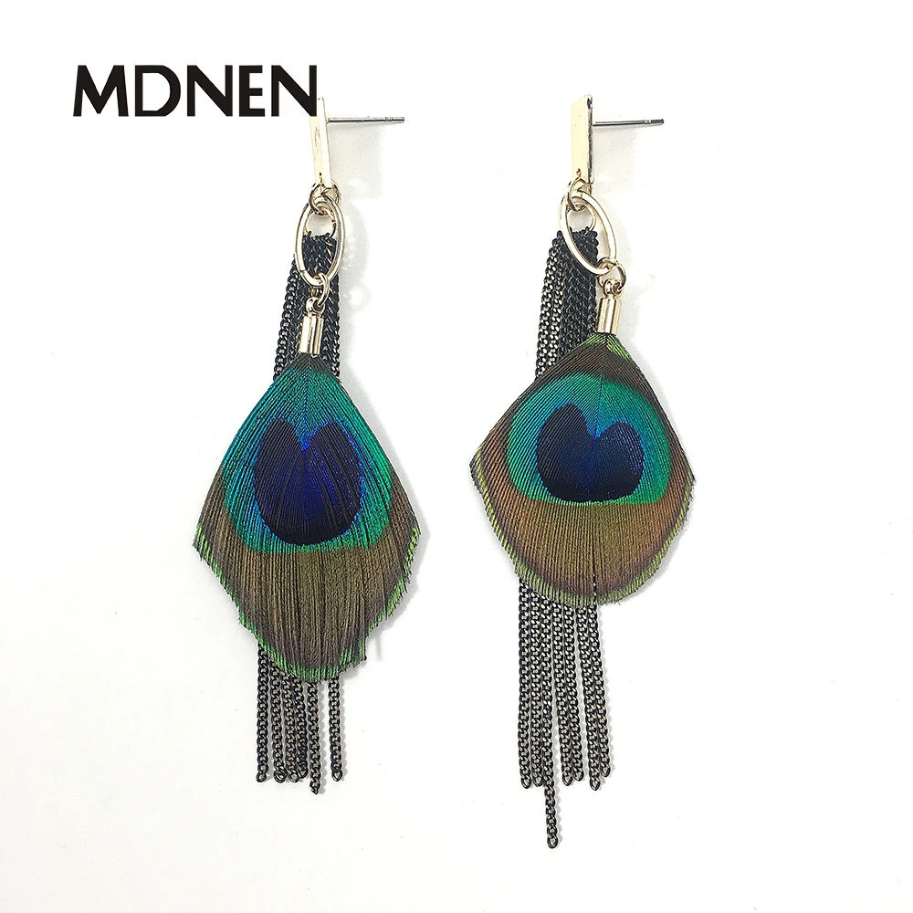 Drop Earrings Peacock Feather With Long Black Thin Chain BOHO Gold Handmade Irregular Holiday Jewelry For Women | Украшения и