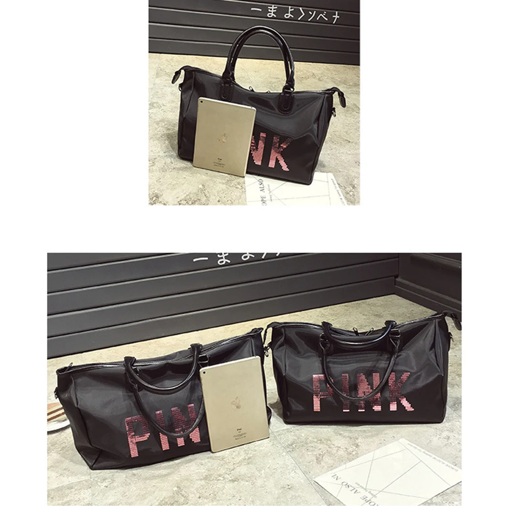 2019 Wobag Ladies Black Travel Bag Pink Sequins Shoulder Bag Women Handbag Ladies Weekend Portable Duffel Bag Waterproof Wash11