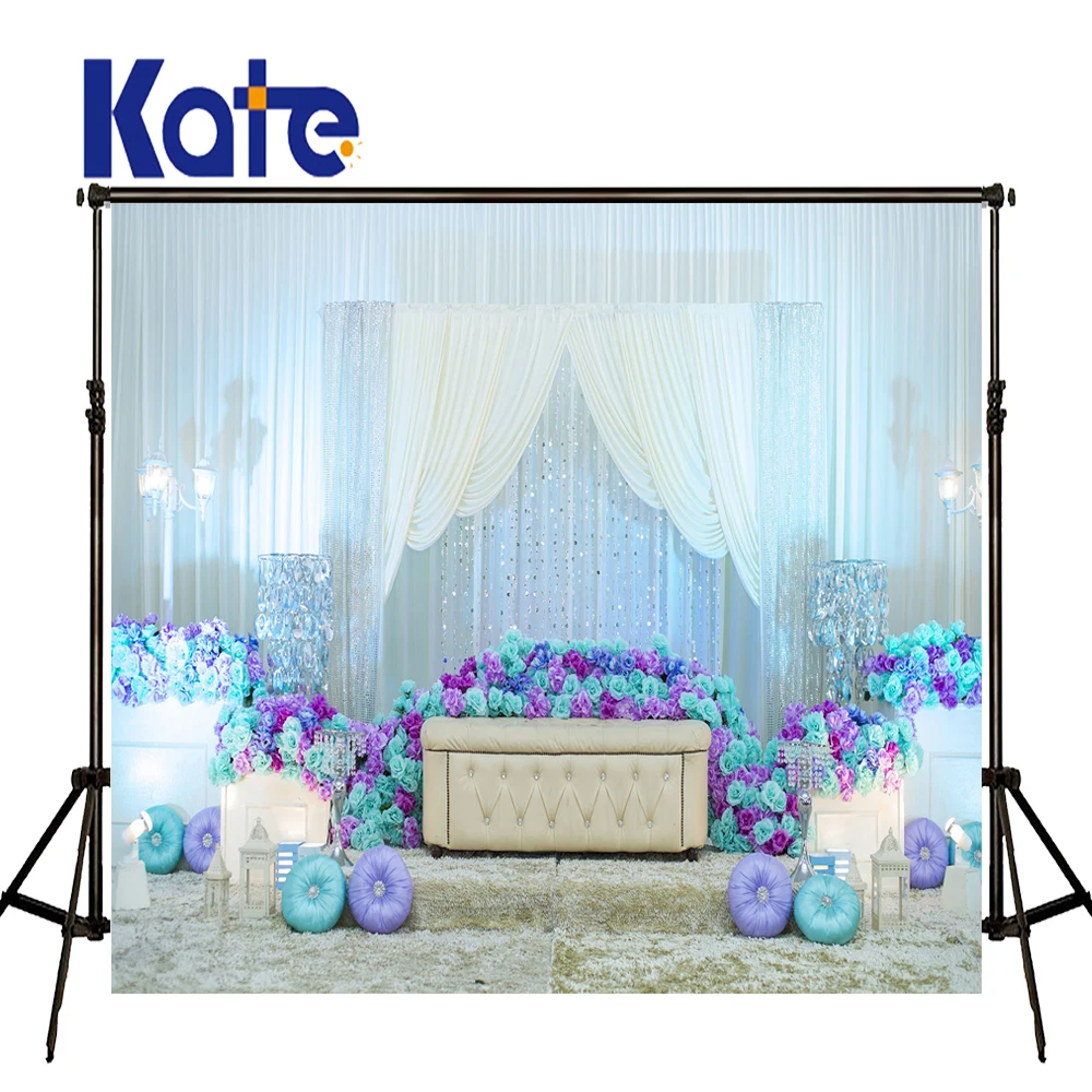 KATE Svatební pozadí 10x10ft Svatební květinové fotografie Pozadí Modré a Bílé Záclony Pozadí pro Photo Studio