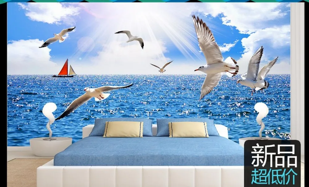 

Custom 3d wallpaper 3d wall murals wallpaper Mediterranean mural Seagull Flying Bedroom Bed Head Painting Background Wall decor