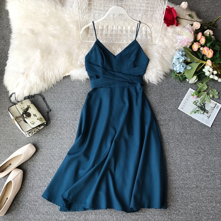 

Korean 2019 Spring and Summer New V-neck Dress Women High Waist Open Back Solid Color Casual Vestidos G370