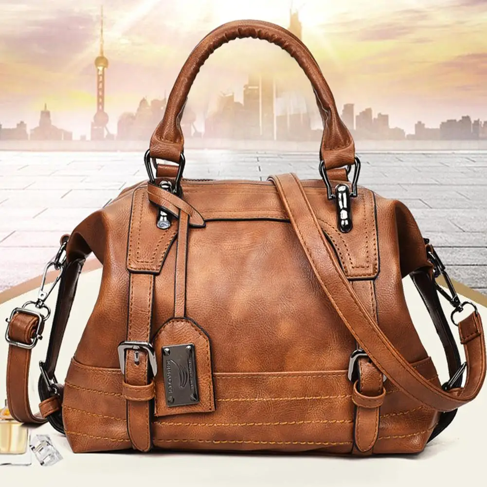 

New Vintage Women Solid Color Faux Leather Zip Tote Handbag Crossbody Shoulder Bag