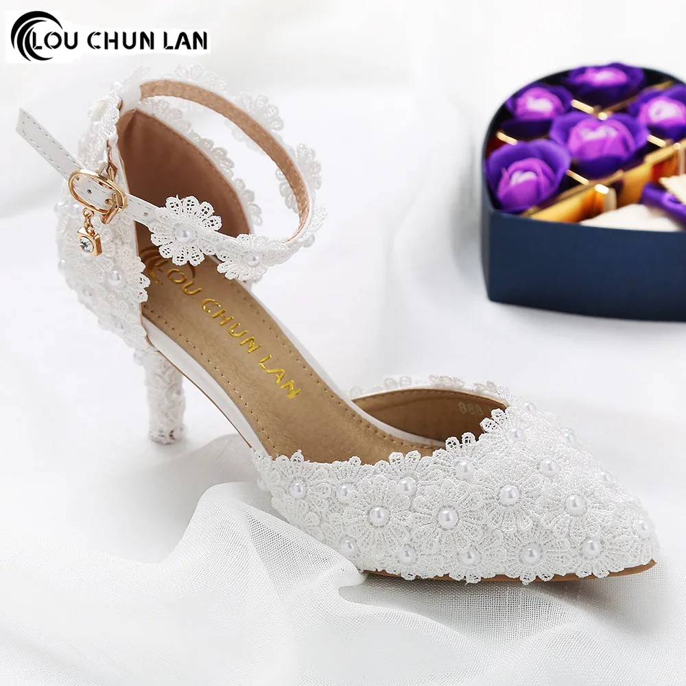

Shoes Women Sandals New Arrival High Quality Shoes White wedding shoes female flower lace pearl shoes 7cm Heels bridal shoes