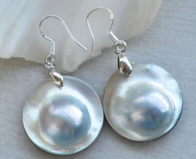 

hot sell new - -hot 13378 REAL 22MM GRAY SOUTH SEA MABE PEARL DANGLE EARRING SILVER