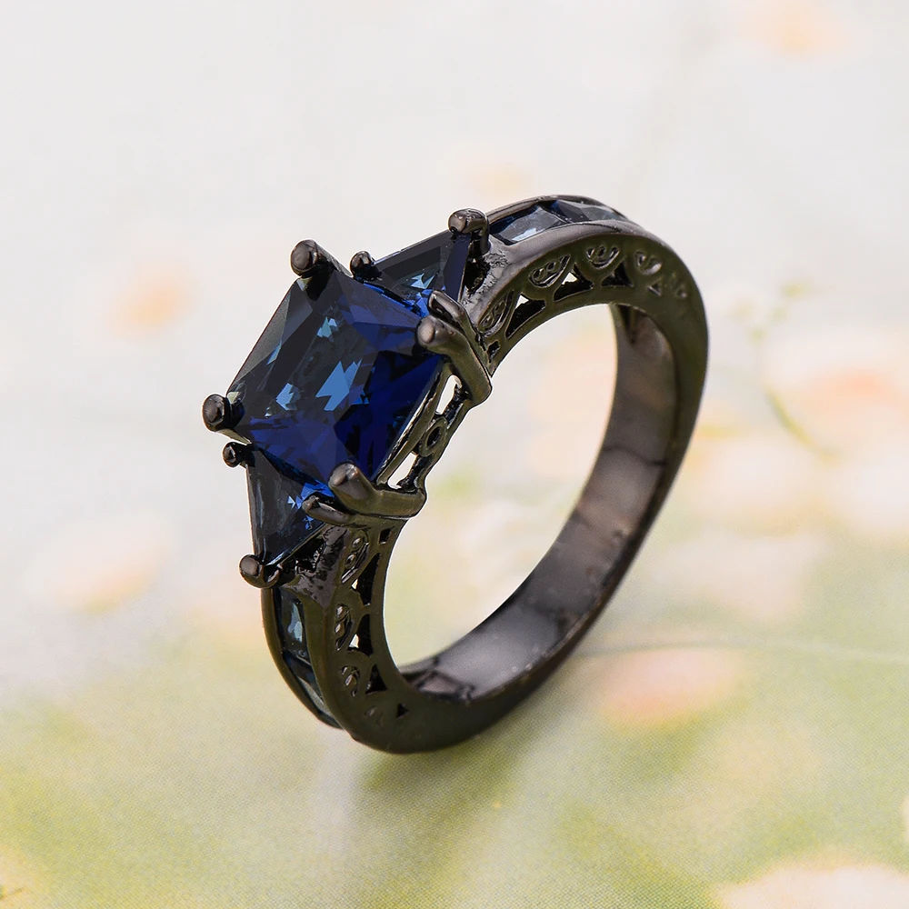 Fashion Royal blue zircon black gold plating Women jewelry rings female