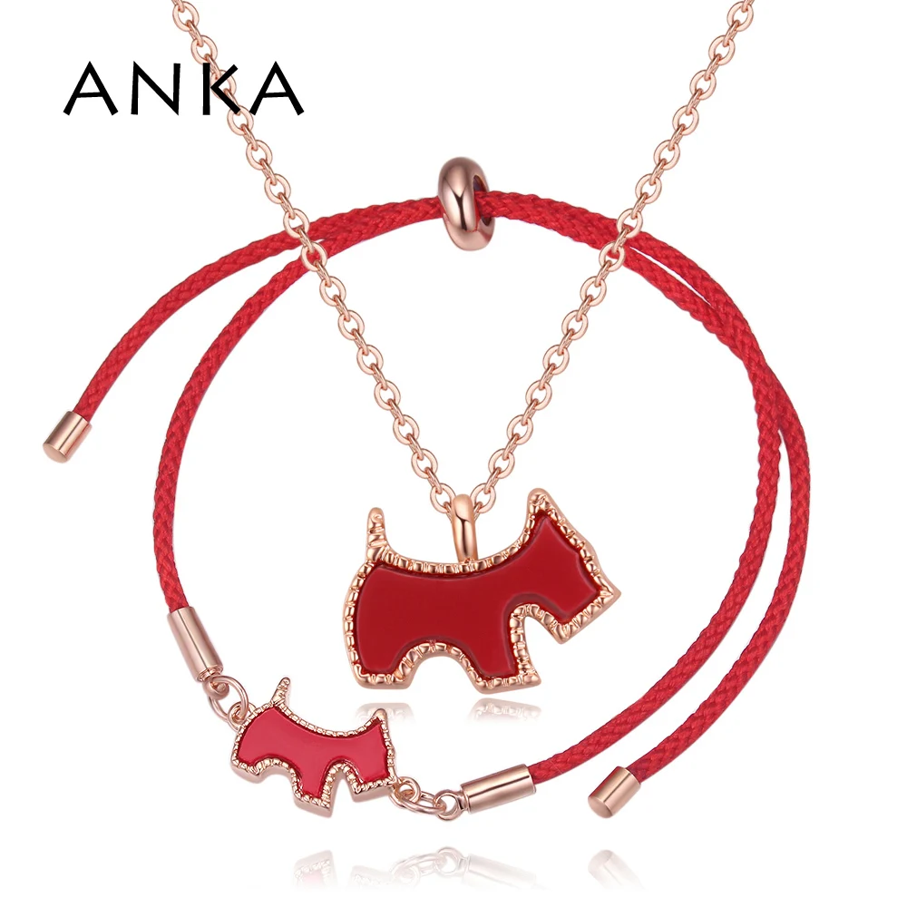 

ANKA Simple Style Red Rope Bracelet Necklace Set With Red Enamel Dog Lucite Color Gift For Women Party Jewelry #128956
