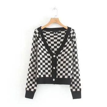 

Vintage Chic Women Plaid Patchwork Cardigans 2019 Fashion Female Single Breasted Short Sweater Coat Casual Street Knitwear