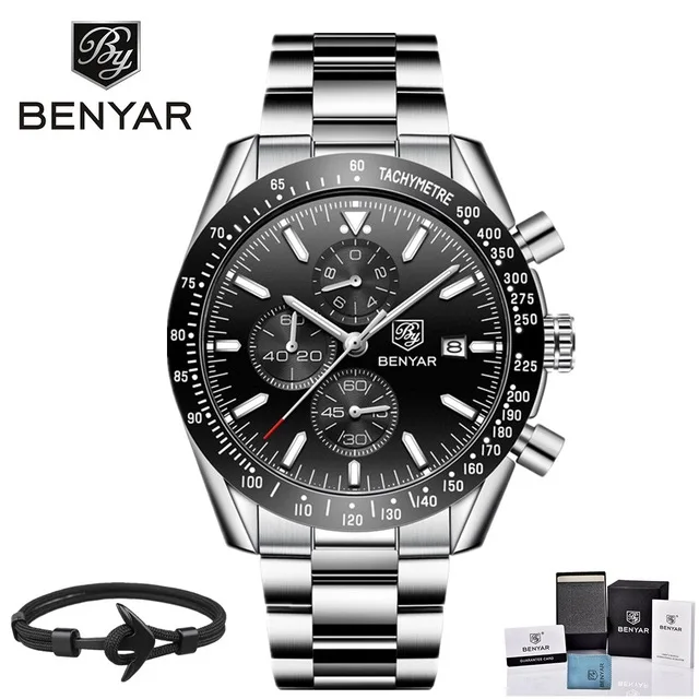 BENYAR мужские часы Лидирующий бренд водонепроницаемые спортивные кварцевые часы с хронографом водонепроницаемые военные часы мужские часы Relogio Masculino BY-5140M - Цвет: steel black
