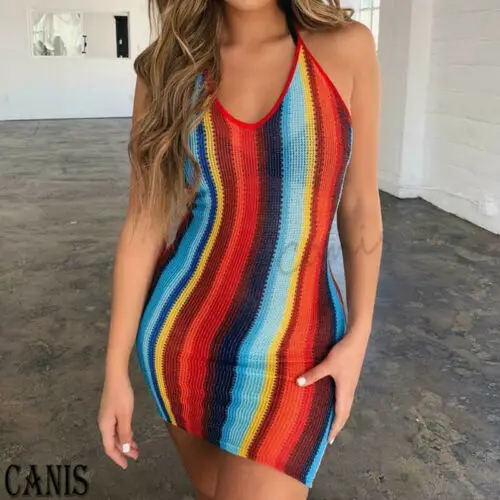 

Women Sexy Sleeveless Halter Bodycon Rainbow Mini Dress Woman Summer Beach Bikini Cover Up Backless Casual Dresses Beachwear