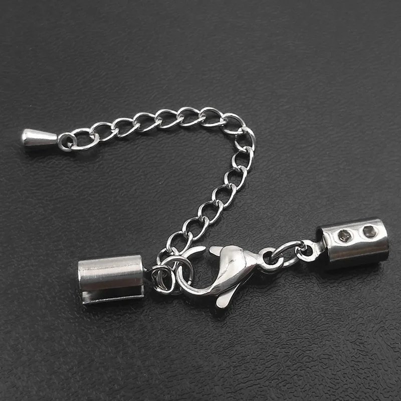 Stainless Steel Cord Crimp Ends Caps with Lobster Clasps Extender Chain