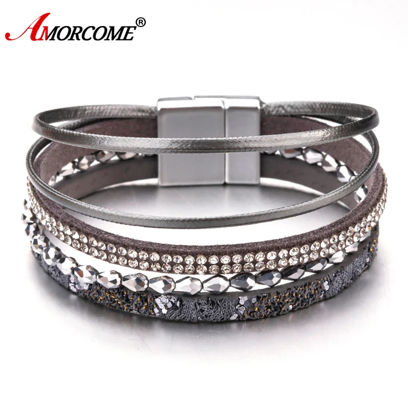 

Light Gray Gold Wine red Black Dark Gray Khaki Alloy Crystal Leather Bangles For Women Wedding Jewelry Bracelet Female Bangles