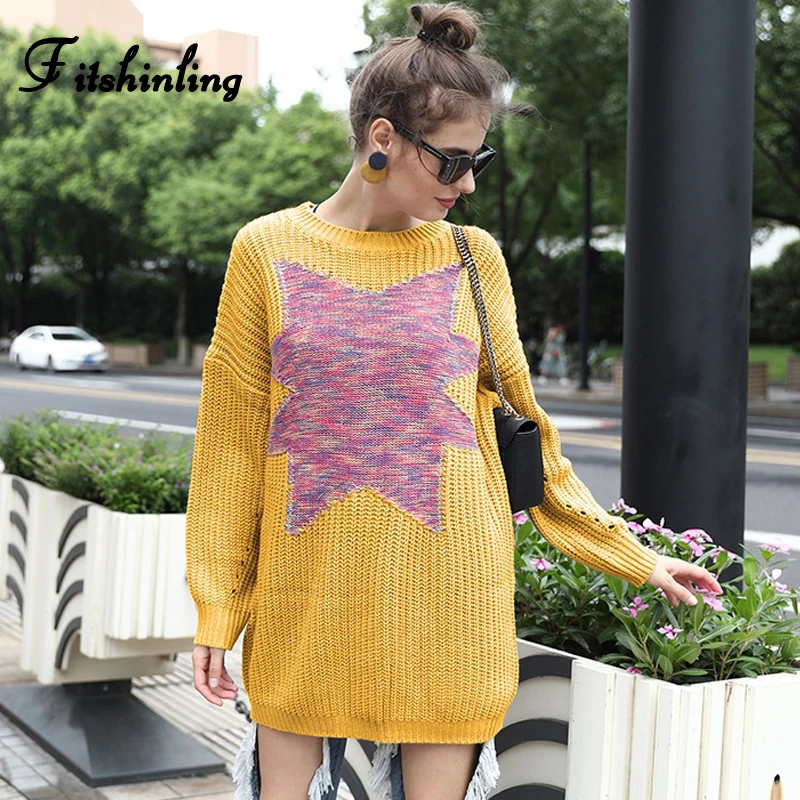 

Fitshinling Patchwork Long Sweater Women Korean Style Slim Autumn Winter Sweaters Pullovers 2019 Yellow Pull Femme Jumpers Sale