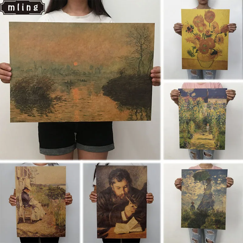 

51.5x36cm Retro Kraft Paper Van Gogh Series Poster Sunflower Modern Abstract Art Oil Painting Bar Cafe Wall Sticker Decorative