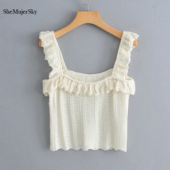

SheMujerSky Women Summer Knitted White Tops Solid Crop Top Ruffles Spaghetti Strap Sleeveless Top 2019