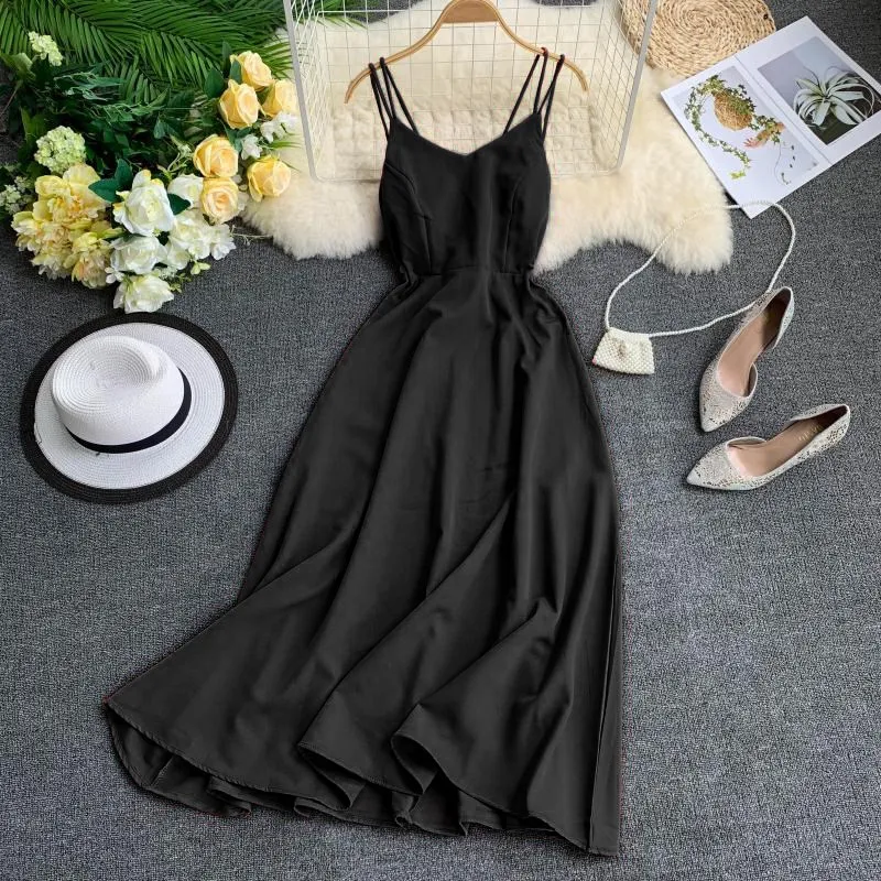 Сексуальное длинное платье на бретельках, женское праздничное сексуальное платье с открытой спиной и открытой спиной, винтажное Однотонное Платье макси с высокой талией Vestidos - Цвет: Черный