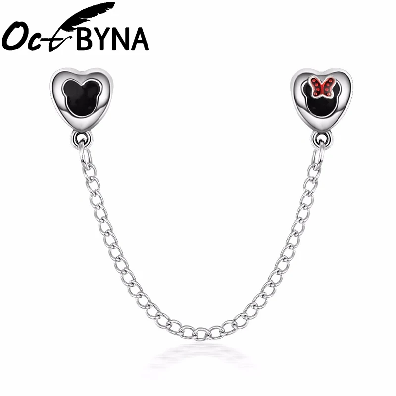 

Octbyna Silver Color Charm Mickey Minnie Cartoon Safety Chain With Chain Clip Beads Fits Pandora Bracelet DIY Jewelry