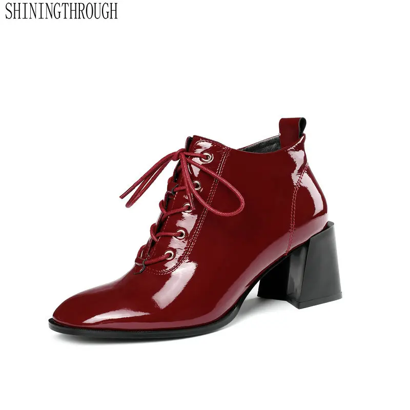 

Genuine Leather Fashion Women Ankle Boots Square High Heel Square Toe Solid Ladies Motorcycle Boots Large Size 34-43