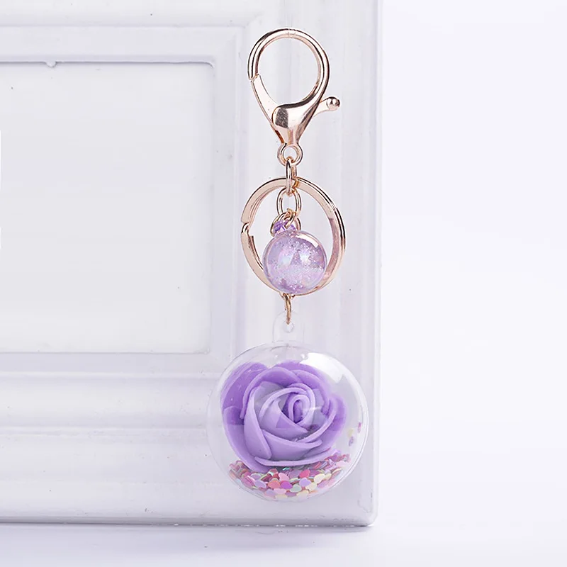 New Fashion Sequins Glitter Rose Keychain Pendant Transparent Plastic Eternal Flower Key Chain Women Car Handbag Keyring