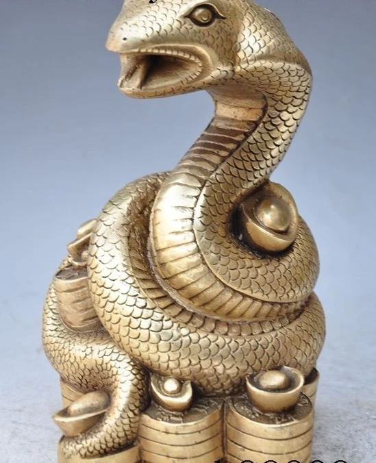 

8"chinese fengshui brass zodiac snake Serpent wealth yuanbao money coin statue
