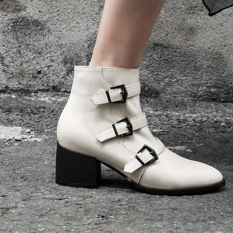 

LAPOLAKA NEW Large Size 40 Brand Design Genuine Leather Martin Boots Hot Sale Square Heels Buckles Women Ankle Boots Shoes