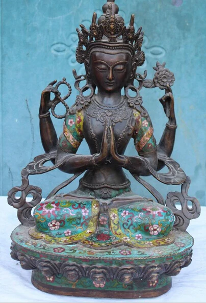 ZSR 1026+++++17&quot Chinese Tibetan Bronze Cloisonne Enamel 4 Hands Arms Chenrezig Buddha Statue | Дом и сад