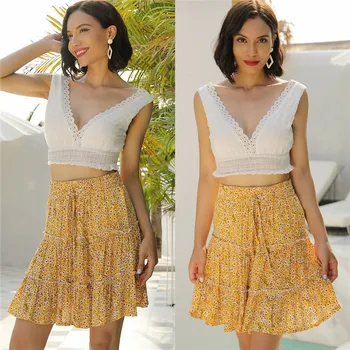 

Boho Women Floral Print Ruffles Skirt Spring Summer Vintage Mini Skirts Jersey Gypsy Women Skirts Faldas Mujer Femme