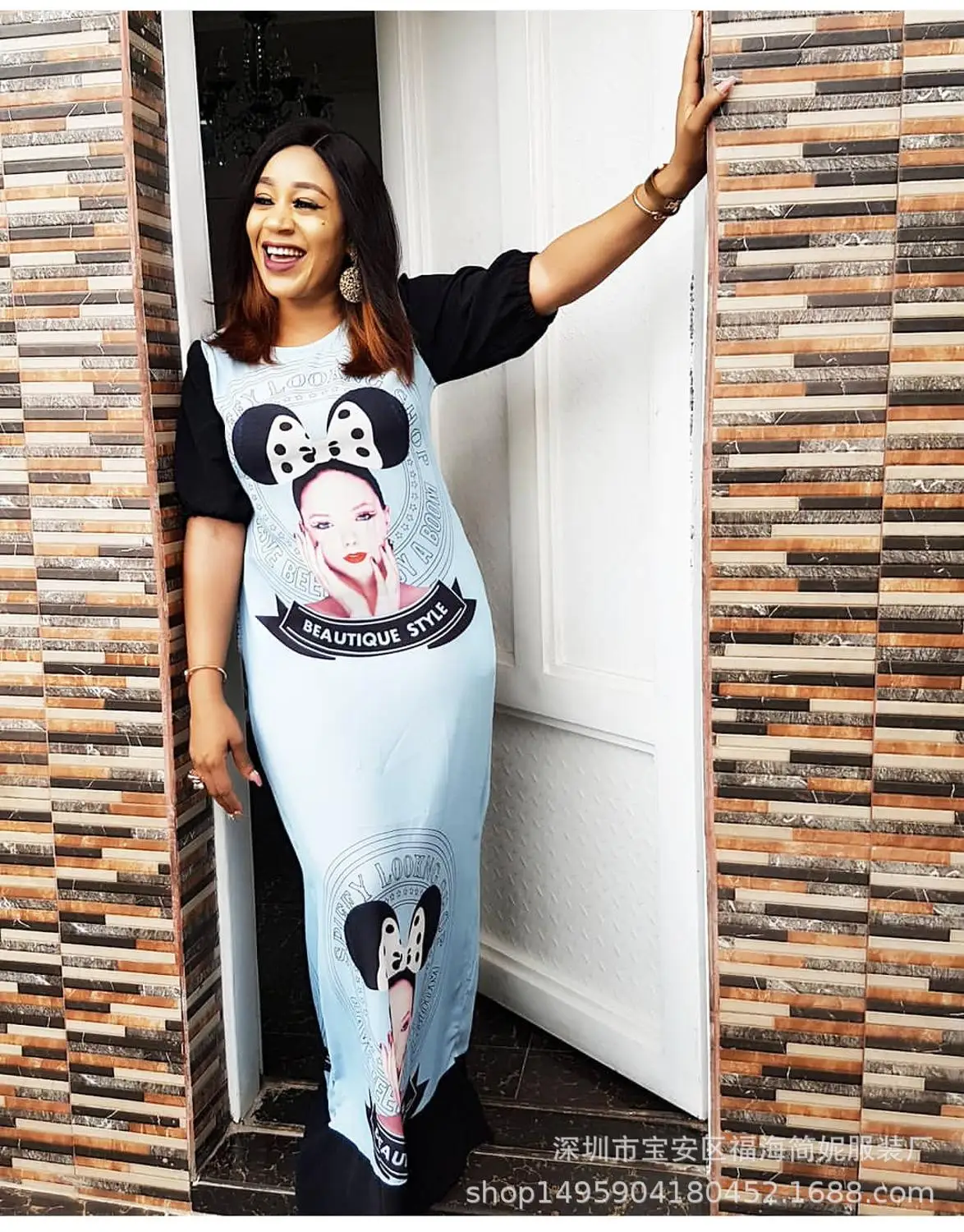 African Women's Explosive Loose Dress Cute Mickey Print Sleeve Dress A7