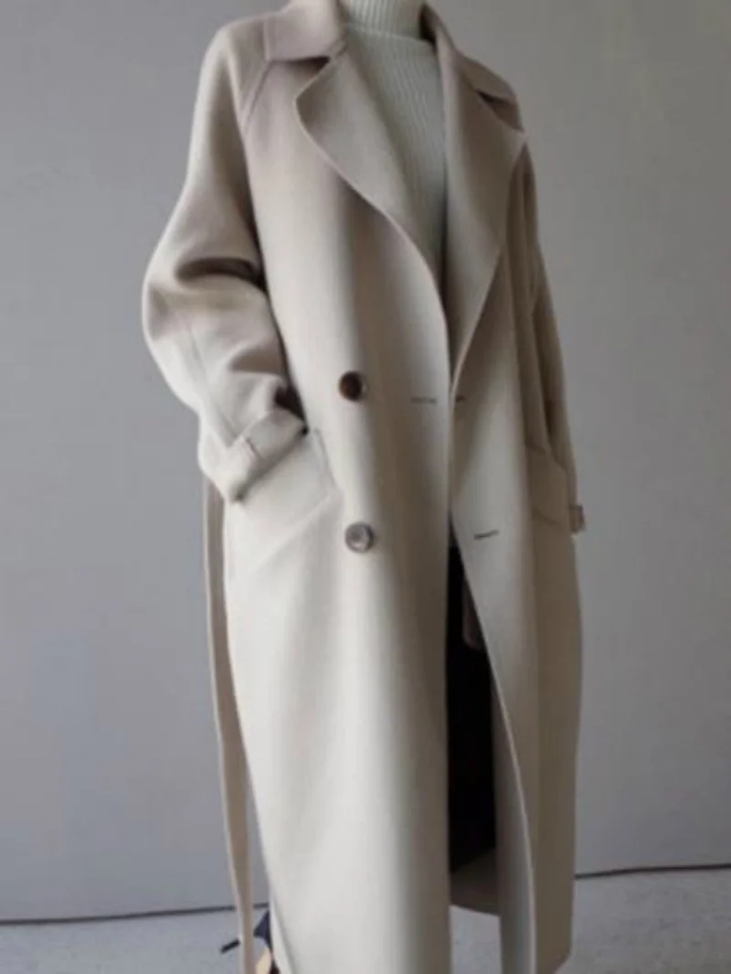 

Winter Korean Long Wool Trench Coat Women Belt Pocket Blend Double Breasted Coat Oversize Trench Coat Outwear Long Wool Coat