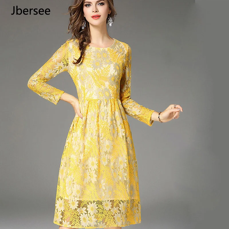 Free Shapping Summer Plus Size Yellow Lacy Dress Women Hollow Out Mid