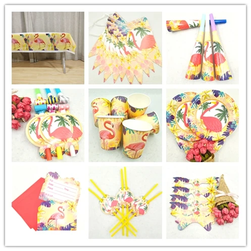 

Hawaiian Luau Party Tableware Kits Paper Cups Plate Staw Flamingo Banner Birthday Party Decoration Kids Flamingo Party Supplies