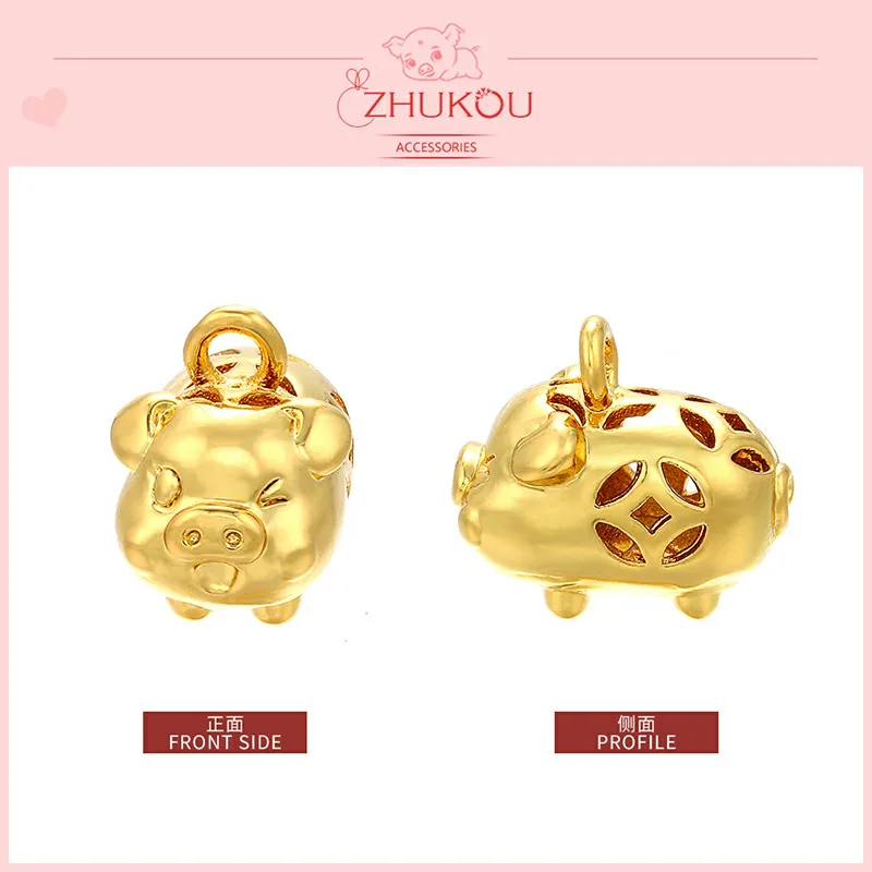 

ZHUKOU Blessed round hollow gold pig Brass Cubic Zirconia pendant for bracelets and necklaces earrings jewelry accessories PZ11