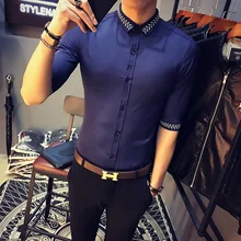 Мужская рубашка с вышитым воротником, лето, топ, Chemise Homme Slim Fii KoreanCamisas De Hombre, дизайнерская Клубная мужская рубашка