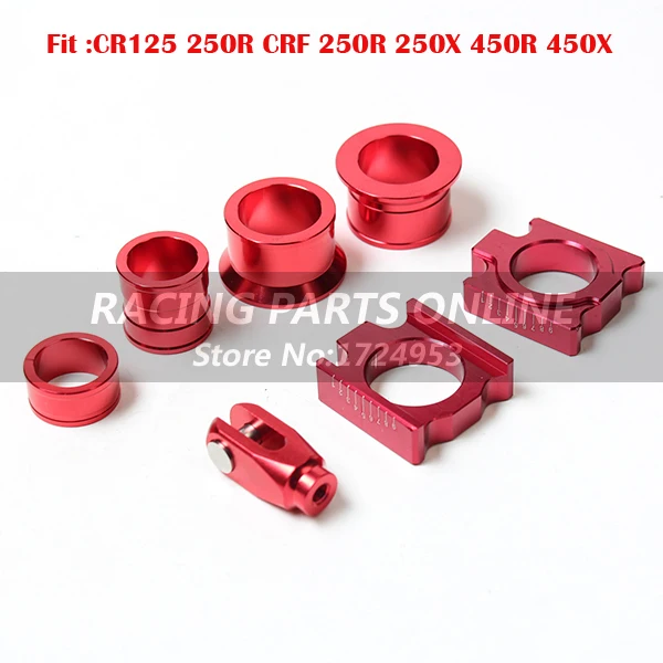 

CNC Aluminum Rear Chain Adjuster Axle blocks with wheel busher Spacer sleeve and Brake clevis for CR125 CRF 250X 450R Dirt bike