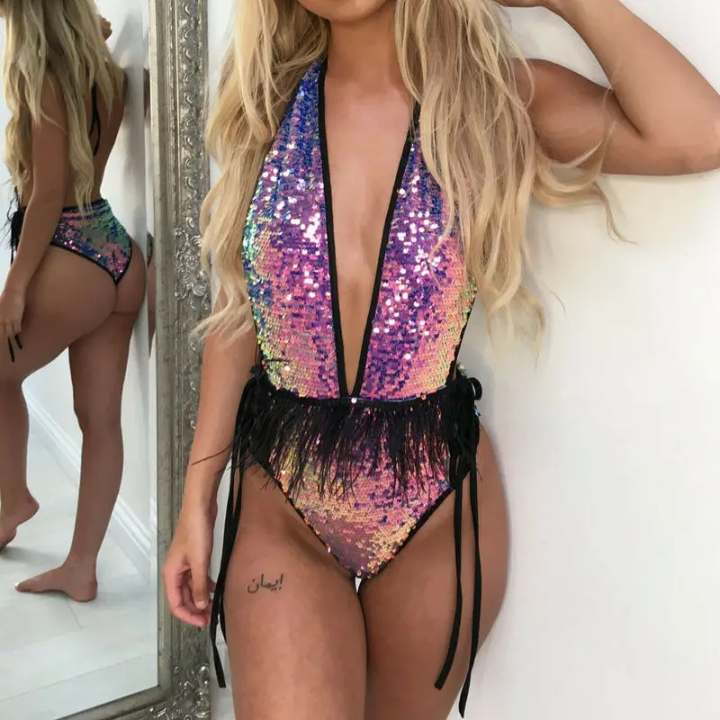 

2019 Hot Sale Women Sexy One-piece Swimwear Monokini Bathing Suit Bikini Beachwear Sequin Bodysuit Swimming Costume