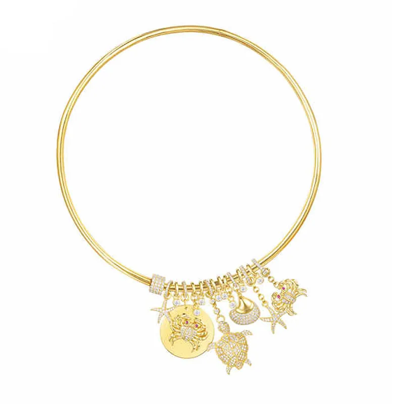 

SLJELY Luxury 925 Sterling Silver Gold Color Sea Creatures Choker Necklace with Charm Crab Turtle Shell Star Zircon for Women