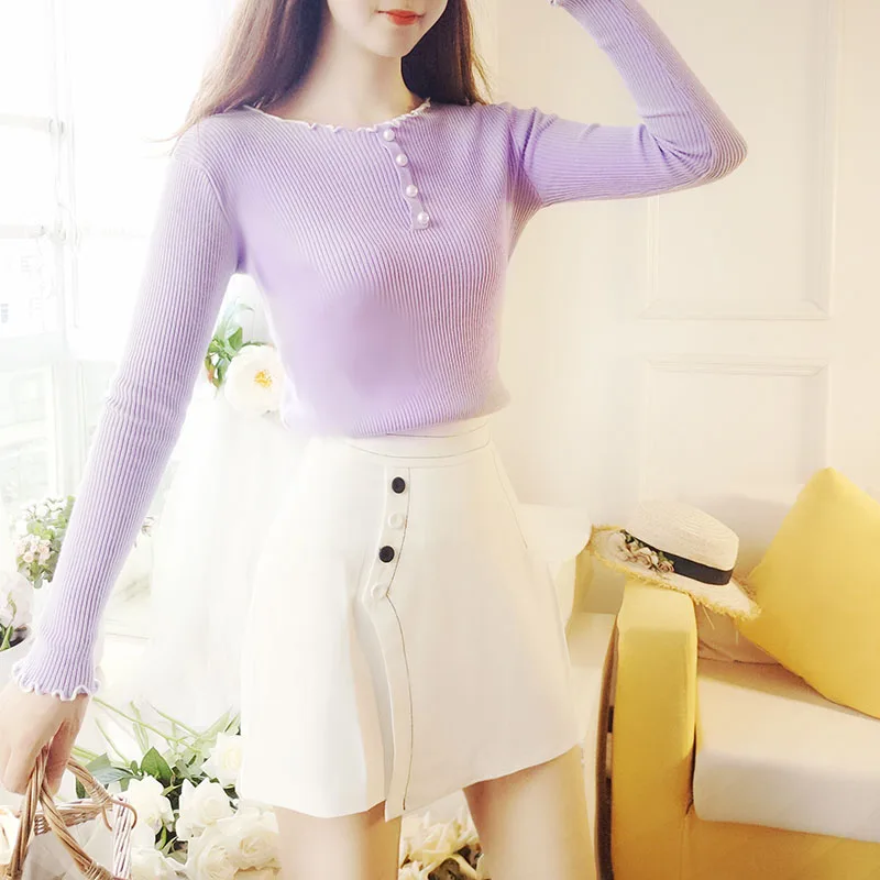 Sweet Thin Section Women's Sweaters And Pullovers Autumn Korean Wrinkled Round Neck Slim Bottom Knitted Sweaters 2018 Pull femme Sweet Thin Section Women's Sweaters And Pullovers Autumn Korean Wrinkled Round Neck Slim Bottom Knitted Sweaters 2018 Pull femme