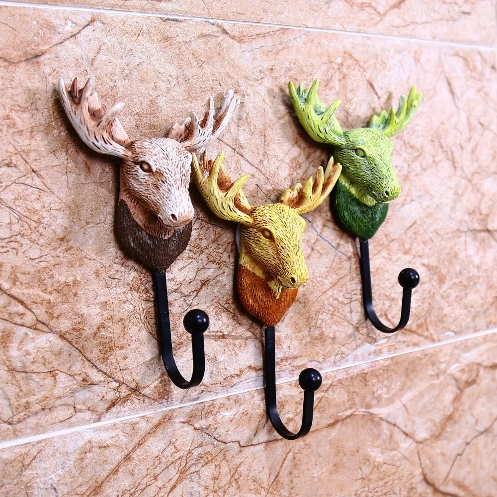 3pcs/lot Heavy Duty Deer Head Design Wall Hook Iron Coat&Hat Hanger Hand painted Resin Hook High