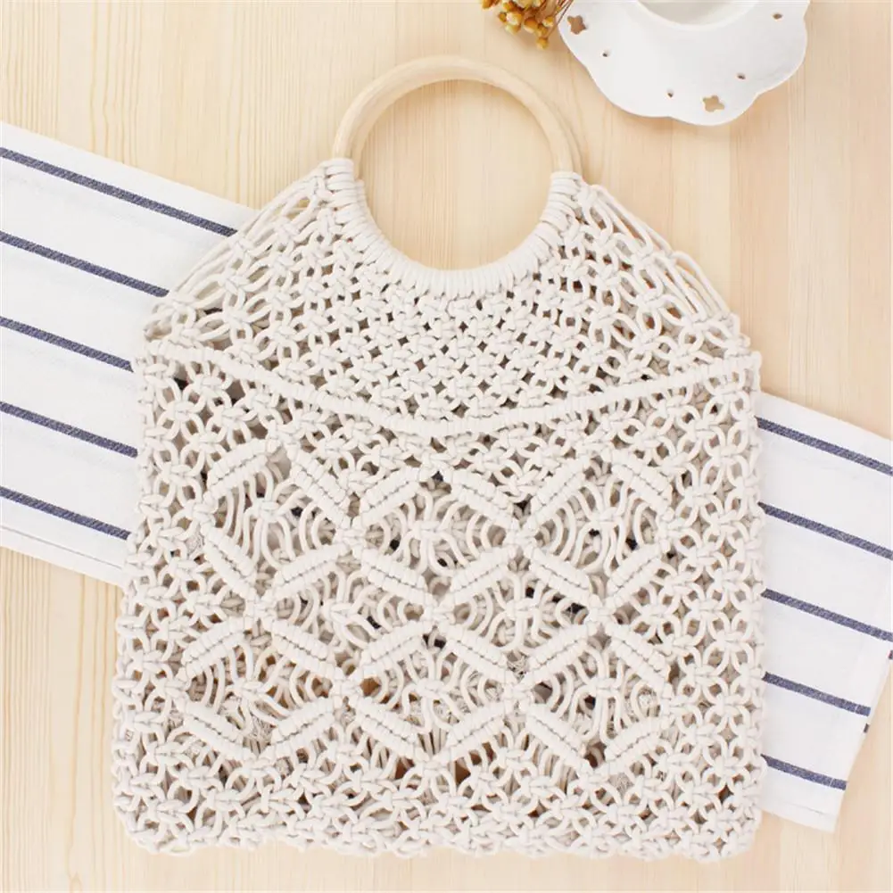 

New Fashion Round Cane Handle Cotton Rope Hollow Out Grass Woven Beach Bag Without Lining Handbag Storage Bags