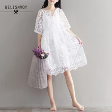 Mori Girl, шифоновое летнее платье с вышивкой, с высокой талией, женские белые кружевные платья, с рукавом до локтя, с круглым вырезом, два предмета, платье S-2XL, Vestidos