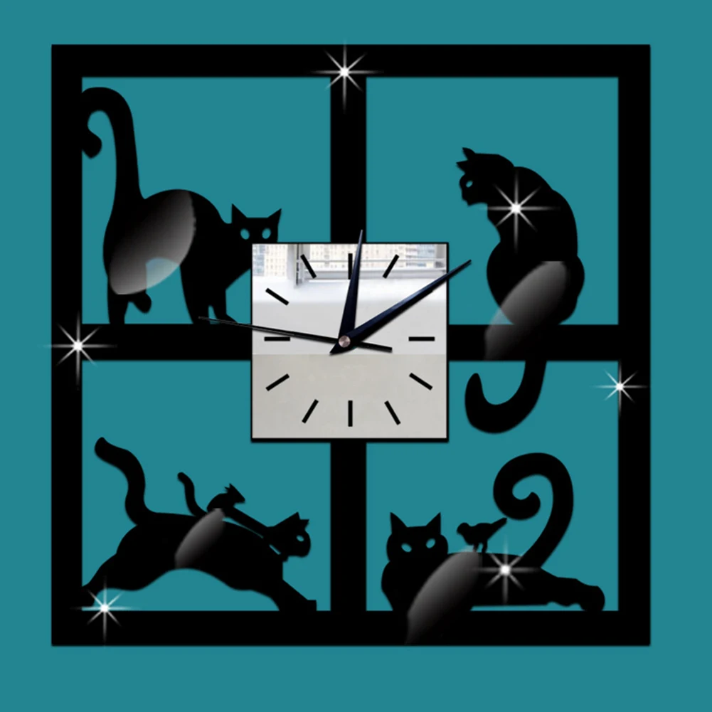 3D Crystal Mirror Wall Clock Black Cat Decorative Clock Vintage Home