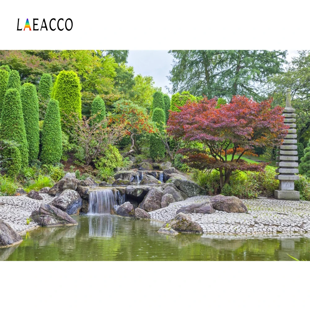 Laeacco зеленый весенний сад дерево камень путь водопад озеро природные живописные Фото фоны фотографии фоны фотостудия