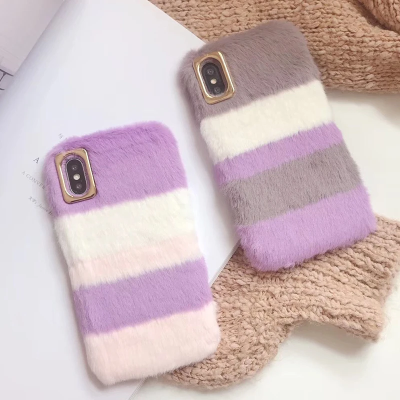 

Luxury Stitching Stripe Rabbit Hair Phone Case For iPhone XS Max XS XR X 8 8plus 7 7plus 6 6s Plus Purple Rhinestone Fur Fluffy