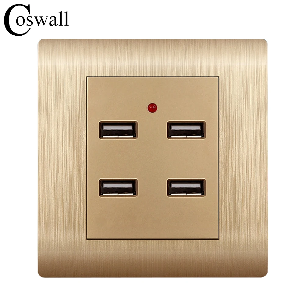 Coswall Brushed Gold Home Hotel Wall Socket Panel USB Outlet 4 USB