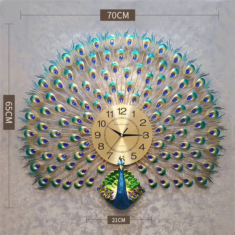Креативные большие настенные часы ручной работы из металла с бриллиантовым павлином, Цифровые кварцевые немые часы, настенные часы, украшения, подарки - Цвет: 2