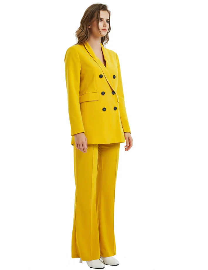 Желтый цвет, брюки, костюмы для женщин, модная куртка с длинным рукавом, длинные широкие брюки, женские двойные нагрудные костюмы для женщин