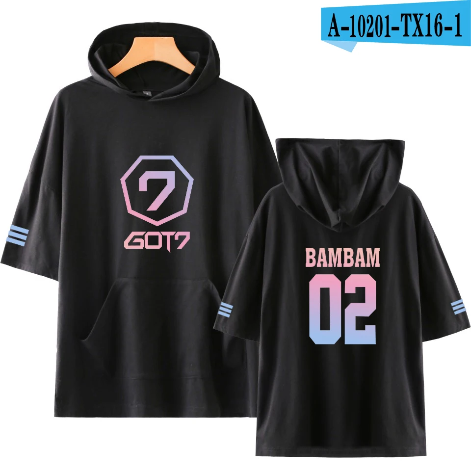 LUCKYFRIDAYF GOT7 Ifashion поп печати короткий рукав толстовка с капюшоном Dragon Ball Harajuku Для женщин/Для мужчин в стиле «хип-хоп», с капюшоном, с принтами персонажей из 4XL - Цвет: black