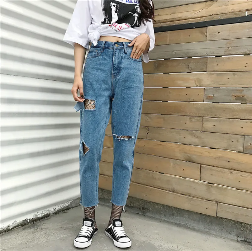 2017 spring new Korean fashion lofty high waist straight light straight jeans nine points jeans women