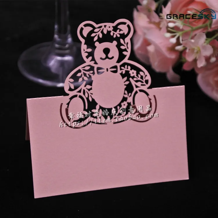 50pcs laser cut blue cute bear Birthday Wedding invitation Table cards place seat name cards Baby shower party Table decoration